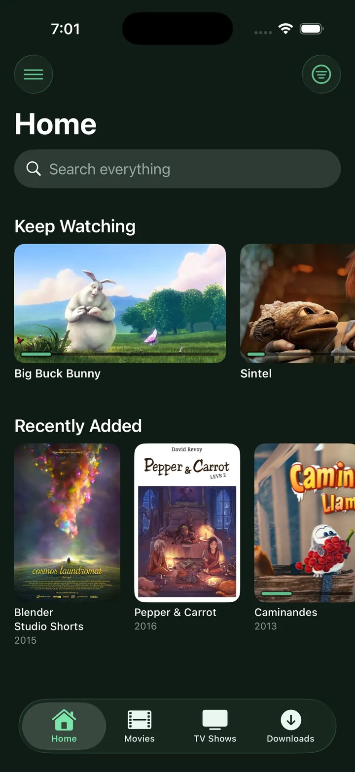 Pippin's iPhone app showing the Home screen