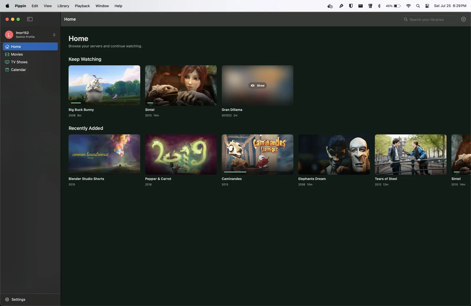 Pippin's Mac app showing the Home screen